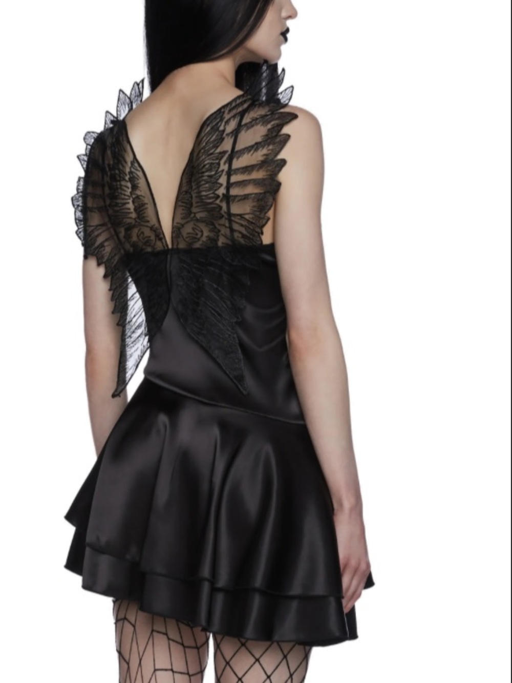 Dolls Kill Black Satin Mini Dress with Angel Wing Lace Back